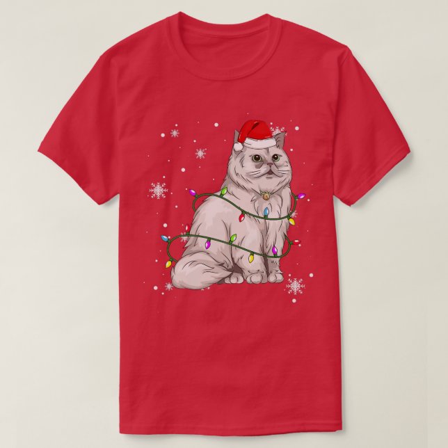 Camiseta Pérsico Cat Natal Luzes Natal Papais noeis h (Frente do Design)
