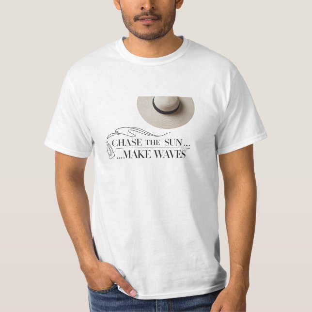 Camiseta Persiga o Sol, Faça Ondas - Tee de Praia Minimalis (Frente)