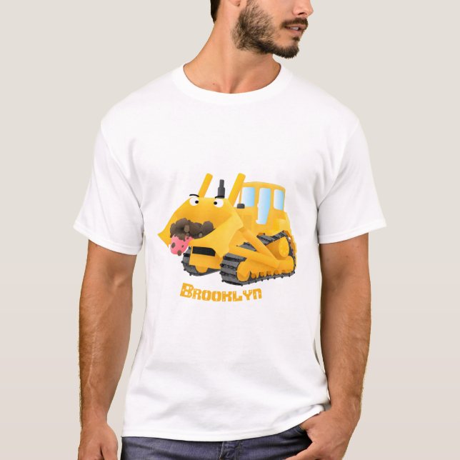 Camiseta Personagem de desenho animado de bulldozer amarelo (Frente)