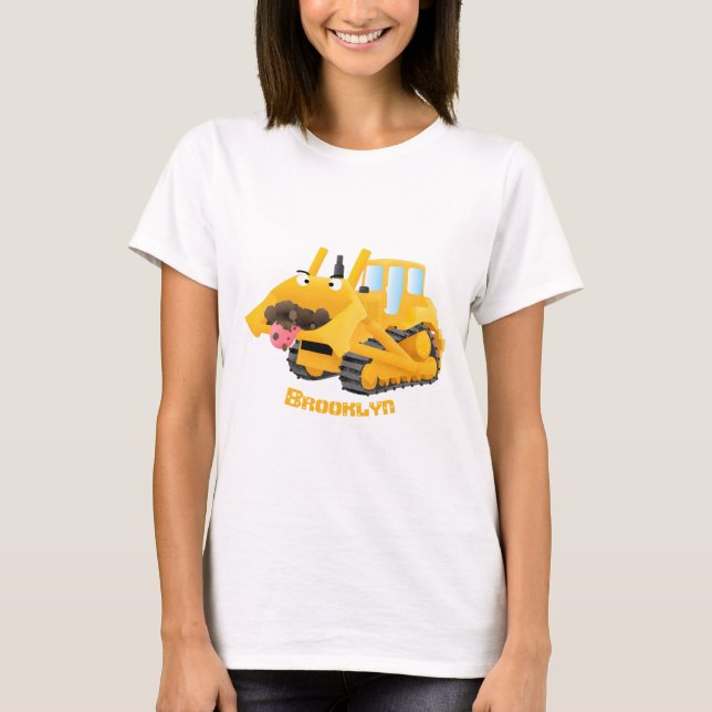 Camiseta Personagem de desenho animado de bulldozer amarelo (Frente)