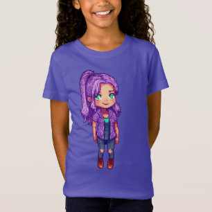 Camiseta Personagem de Pixel Art Cabelo Roxo