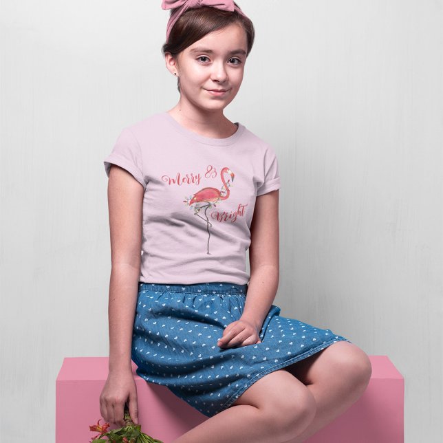 Camiseta Personalizado de Flamingo Rosa de Natal Bonito (Pink Flamingo Merry and Bright Girls T Shirt. )