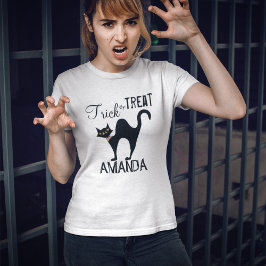 Camiseta Personalizado de Gato de Halloween Negro e Branco