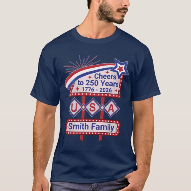 Camiseta Personalizado EUA 250 – Marquee Retrô Patriótico (Frente)