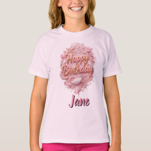 Camiseta personalizável rosa floral de aniversário