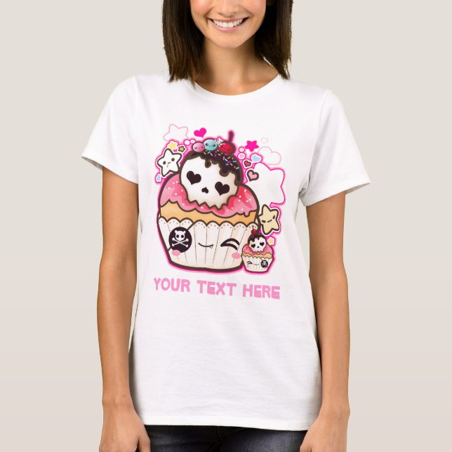 Camiseta Personalize o cupcake do crânio de Kawaii (Frente)