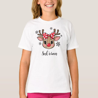 Camiseta Personalized Cute Girl Reindeer Red Bow Christmas