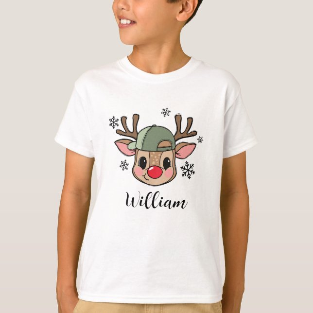 Camiseta Personalized Cute Reindeer in Cap Christmas Boy (Frente)