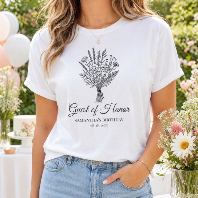 Camiseta Personalized Name & Date Floral Birthday Party (Criador carregado)