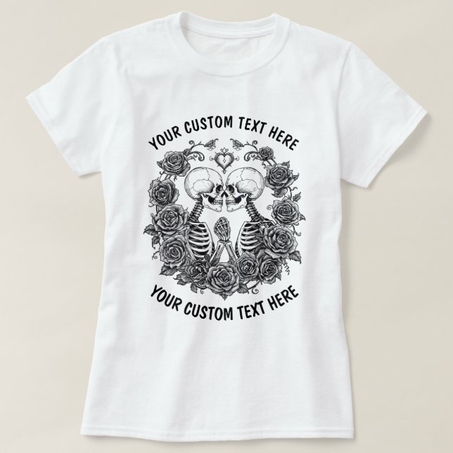 Camiseta Personalized Skeleton Couple With Flowers Frame (Frente do Design)