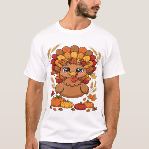 Camiseta Peru de Ação de Graças Fofo com Folhas de Outono e