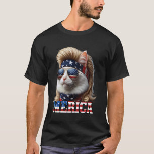 Camiseta Peruca Mullet Loira de Gato 4 de Julho Gatos Ameri