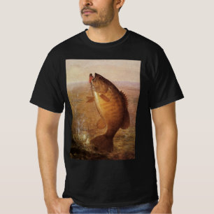 Camiseta Pesca Antiga, Pequeno Boca-Larga Saltando na Linha