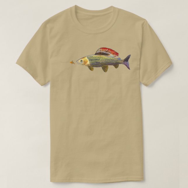 Camiseta Pesca Com Voo Peixes Cinzentos Ninfetando Voo Seco (Frente do Design)
