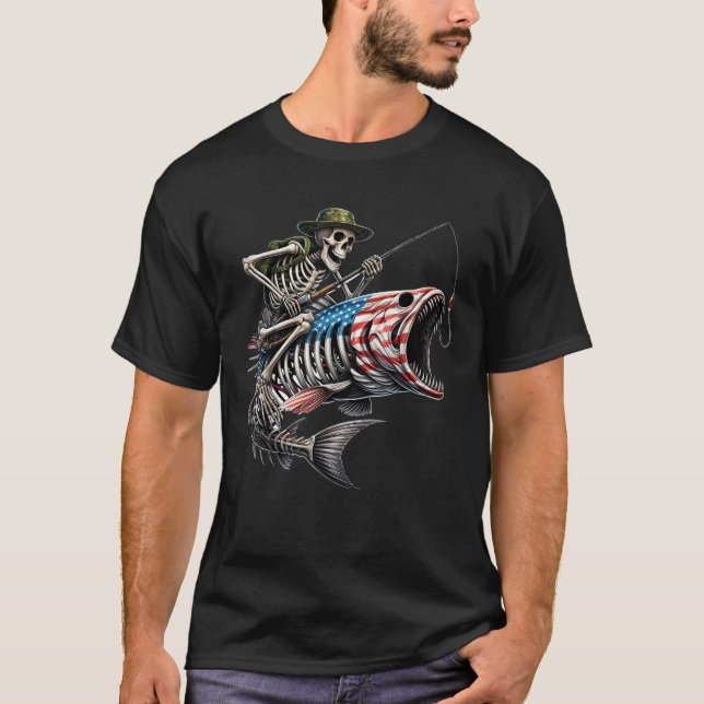 Camiseta Pesca de Pavilhão Americano Peixe Crânio Esqueleto (Frente)