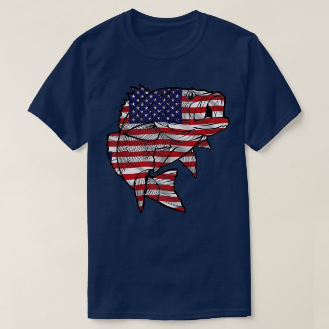 Camiseta Pesca de peixe com pavilhão americano Pescador 4 O (Frente do Design)