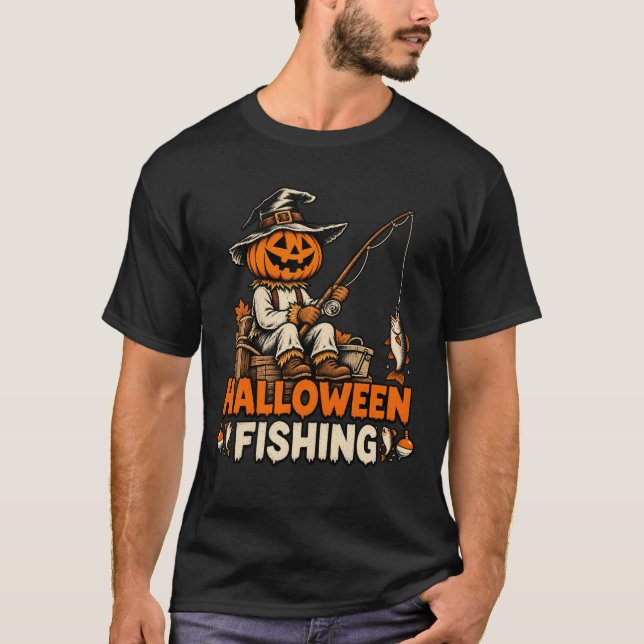 Camiseta Pescador de Halloween com Cabeça de Abóbora (Frente)