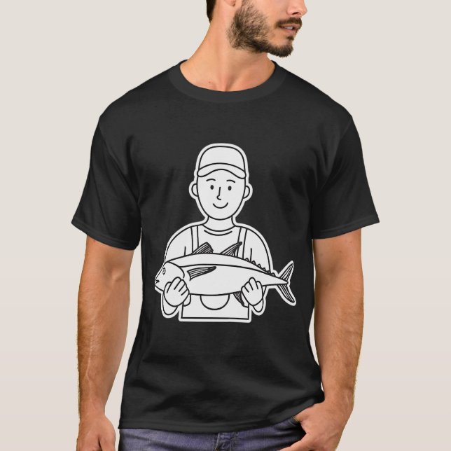 Camiseta Pescador Usando Luvas Segurando Atum (Frente)