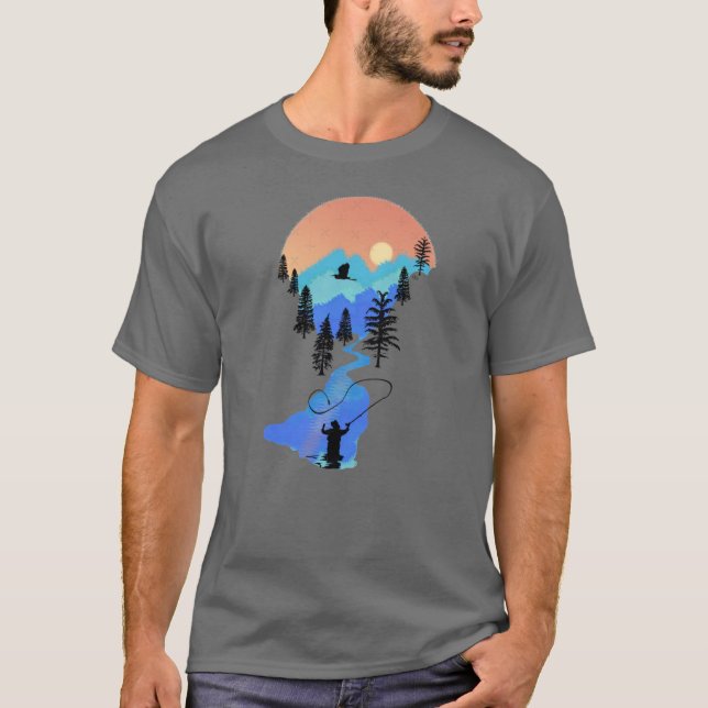 Camiseta Pescaria com Fly Mountain Sunset amigos (Frente)