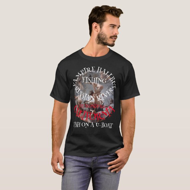 CAMISETA PESCARIA DE HALIBUTE VAMPIRO NO RIO RUSSO EM UM U- (Frente Completa)