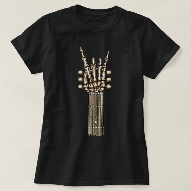 Camiseta Pescoço De Violão Doce Com Rocha Na Mão Do Esquele (Frente do Design)