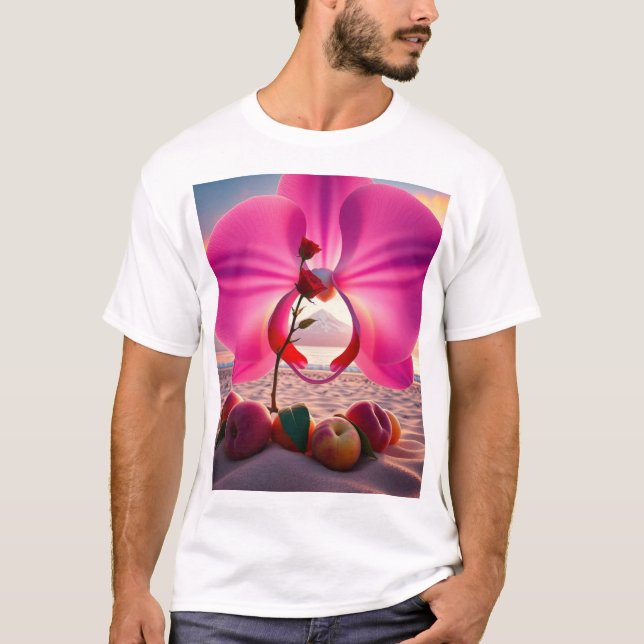 Camiseta Pêssegos das praias de montanha rosa-orquídeas (Frente)