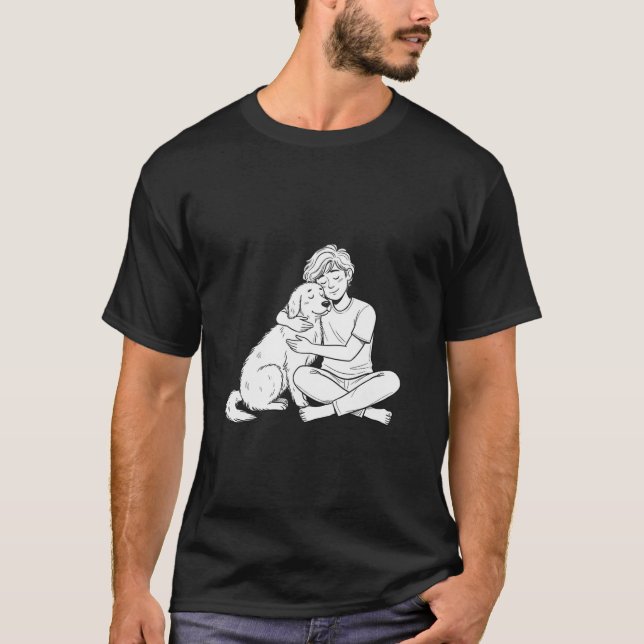 Camiseta Pessoa com Desenho Rabiscado Abraçando Cachorro (Frente)