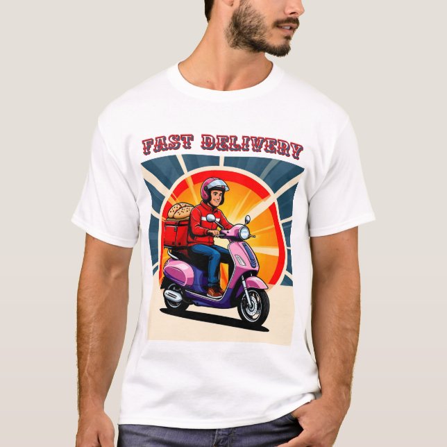 Camiseta Pessoa de Entrega Pilotando uma Lambreta com Caixa (Frente)