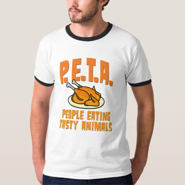Camiseta Pessoas de PETA que comem animais saborosos (Frente)