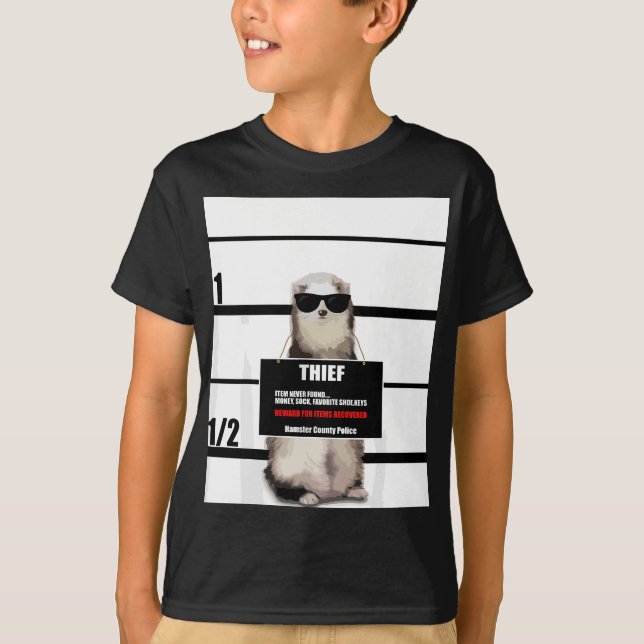 Camiseta Pet Ferret Tee Engraçado Ferret, Ladrão, Mugshot,  (Frente)