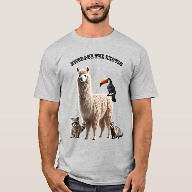 Camiseta Pet Lover Llama, Raccoon, Ferret e Bird exóticos (Frente)