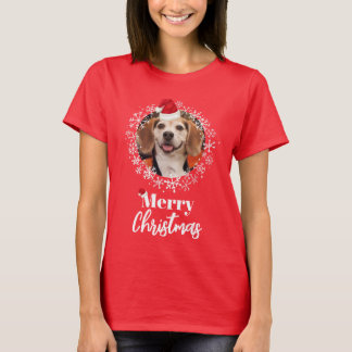 Camiseta Pet Photo Red Santa Hat Snowflakes Feliz Natal