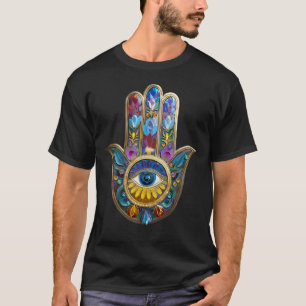 Camiseta Pétalas Coloridas Folhas Hamsa Safira Terceiro Olh