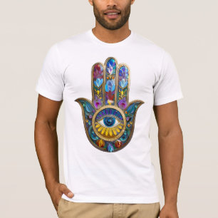 Camiseta Pétalas Coloridas Folhas Hamsa Safira Terceiro Olh