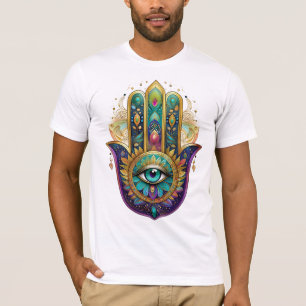 Camiseta Pétalas de Ouro Verde Violeta Hamsa Terceiro Olho