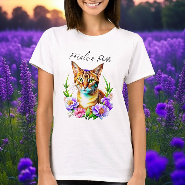 Camiseta Pétalas e Gato Puro e Flores Bonito (Criador carregado)
