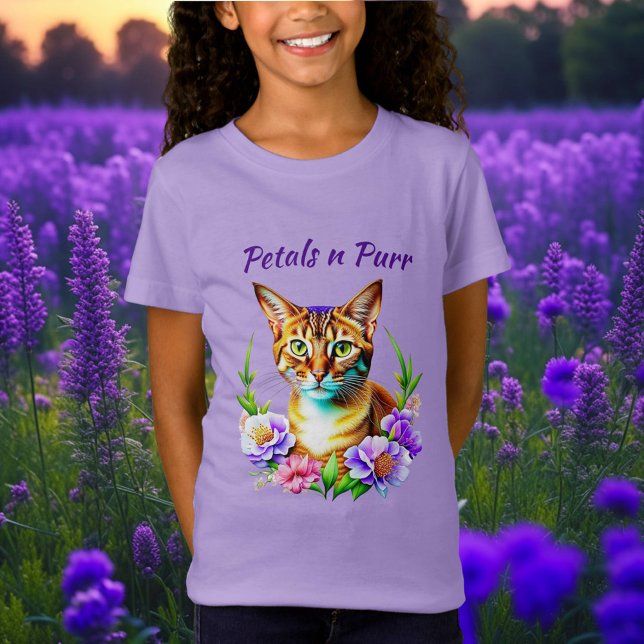 Camiseta Pétalas e Gato Puro e Flores Bonito (Criador carregado)