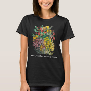 Camiseta Pétalas macias, raízes fortes, floral aquarela