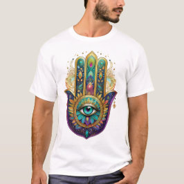 Camiseta Pétalas Violeta Verde Dourado Hamsa Turquesa Terce