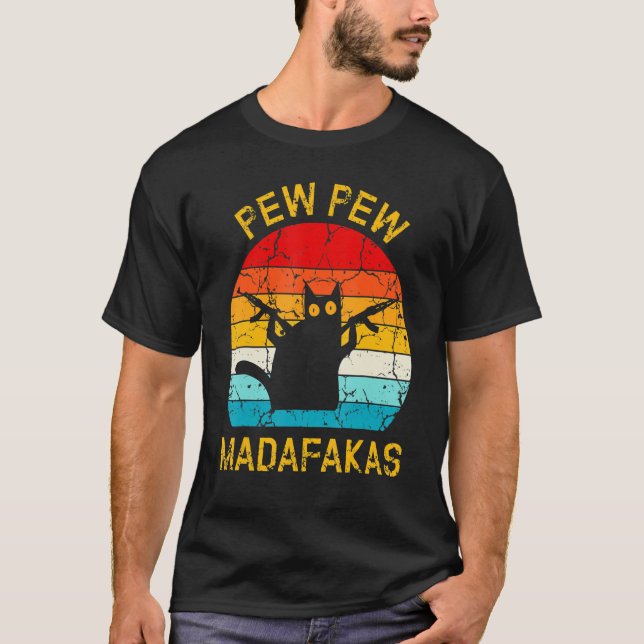 Camiseta Pew Madafakas Pew Guns Negros Engraçados Gatos Neg (Frente)