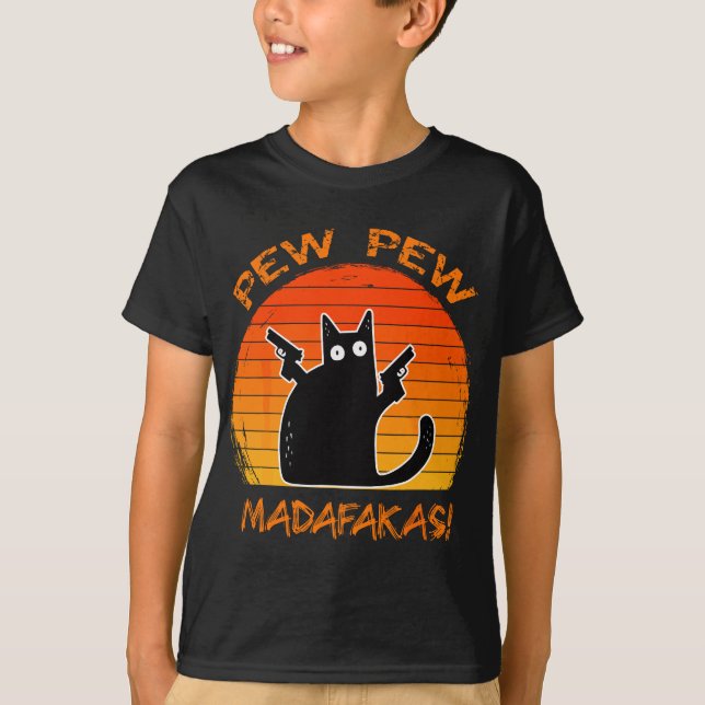 Camiseta Pew Pew Madafakas Engraçado Gato Negro Amante Arma (Frente)