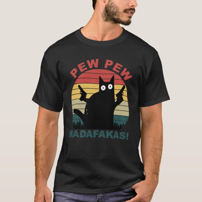 Camiseta Pew Pew Madafakas Engraçado Gato Negro Engraçado S (Frente)