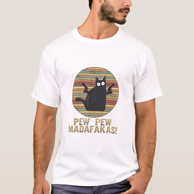 Camiseta Pew Pew Madafakas Funny Cat Retro  (Frente)
