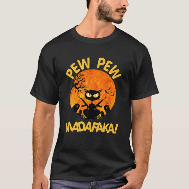 Camiseta Pew Pew Madafakas Negra Louca Gato Lua Negra (Frente)