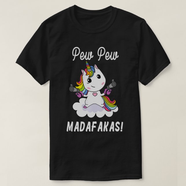 Camiseta Pew Pew Madafakas Unicorn com Pistols Fantasy Pul (Frente do Design)