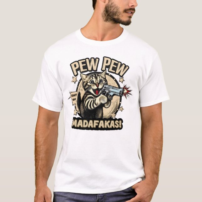 Camiseta Pew Pew Power - Quirky Cat Comic Tee for the Fearl (Frente)