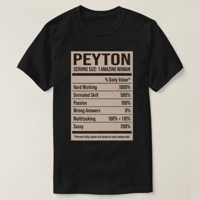 Camiseta Peyton Nutrition Facts Name Nickname Alias Title F (Frente do Design)