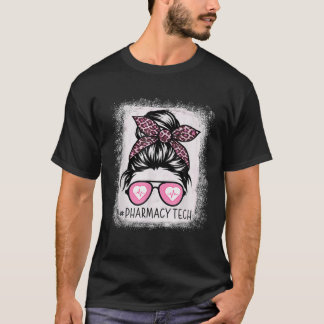 Camiseta Pharmacy Tech Life Bleached Pink Leopard Messy Bun