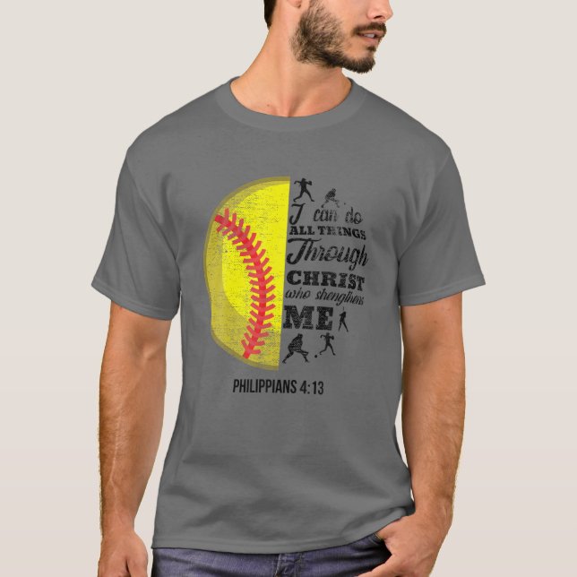 Camiseta Philippians 4:13 Christian Softball Funny Bíblia V (Frente)
