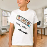 Camiseta Photo collage film name birthday boy<br><div class="desc">Personalize and add a name and 3 photos inside the film roll frame. Black text.</div>